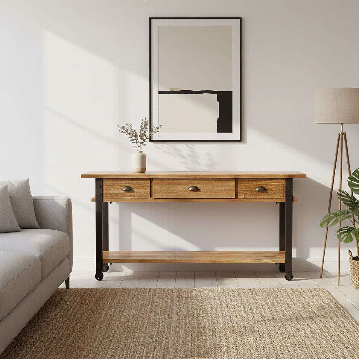 Orsina New Foundry 3-Drawer Console Table – Industrial Wood & Metal