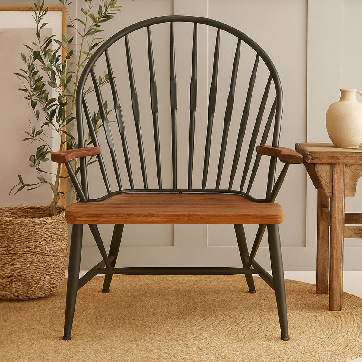 Orsina New Foundry Walnut Wood and Metal Armchair – Mid-Century Style