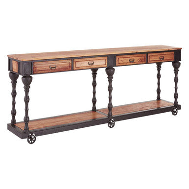 Orsina 4-Drawer Console Table – Natural Wood with Black Metal Legs