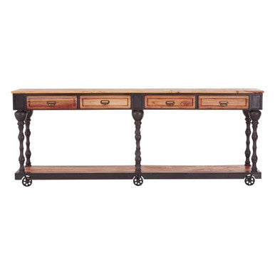 Orsina 4-Drawer Console Table – Natural Wood with Black Metal Legs