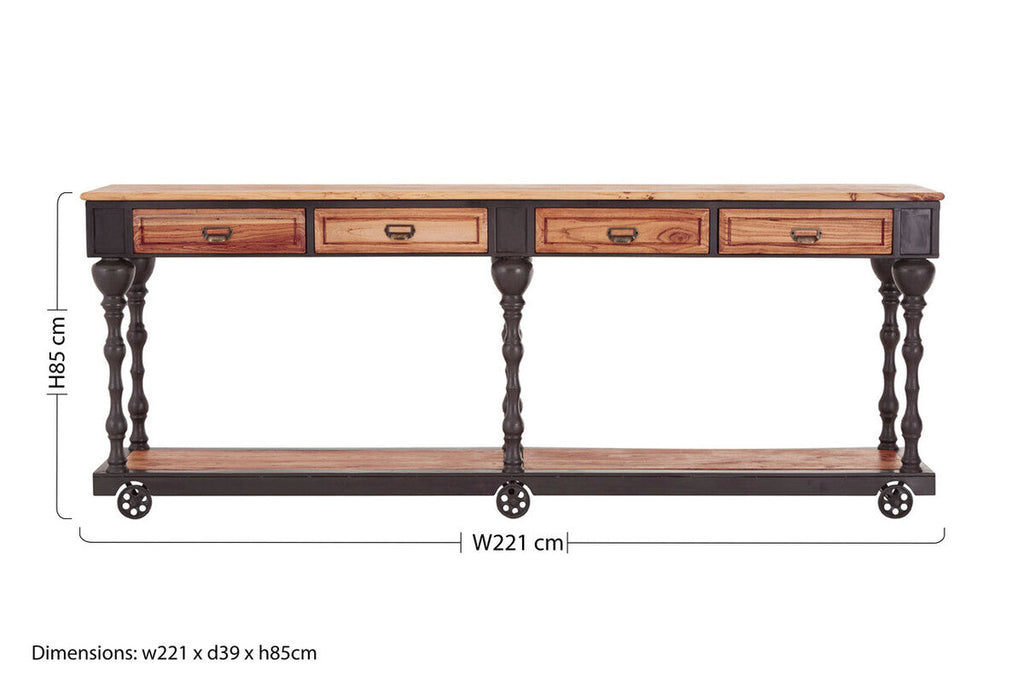 Orsina 4-Drawer Console Table – Natural Wood with Black Metal Legs