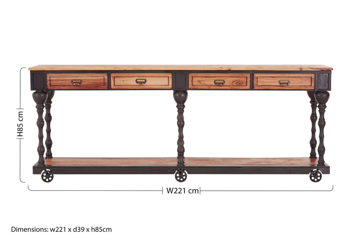 Orsina 4-Drawer Console Table – Natural Wood with Black Metal Legs
