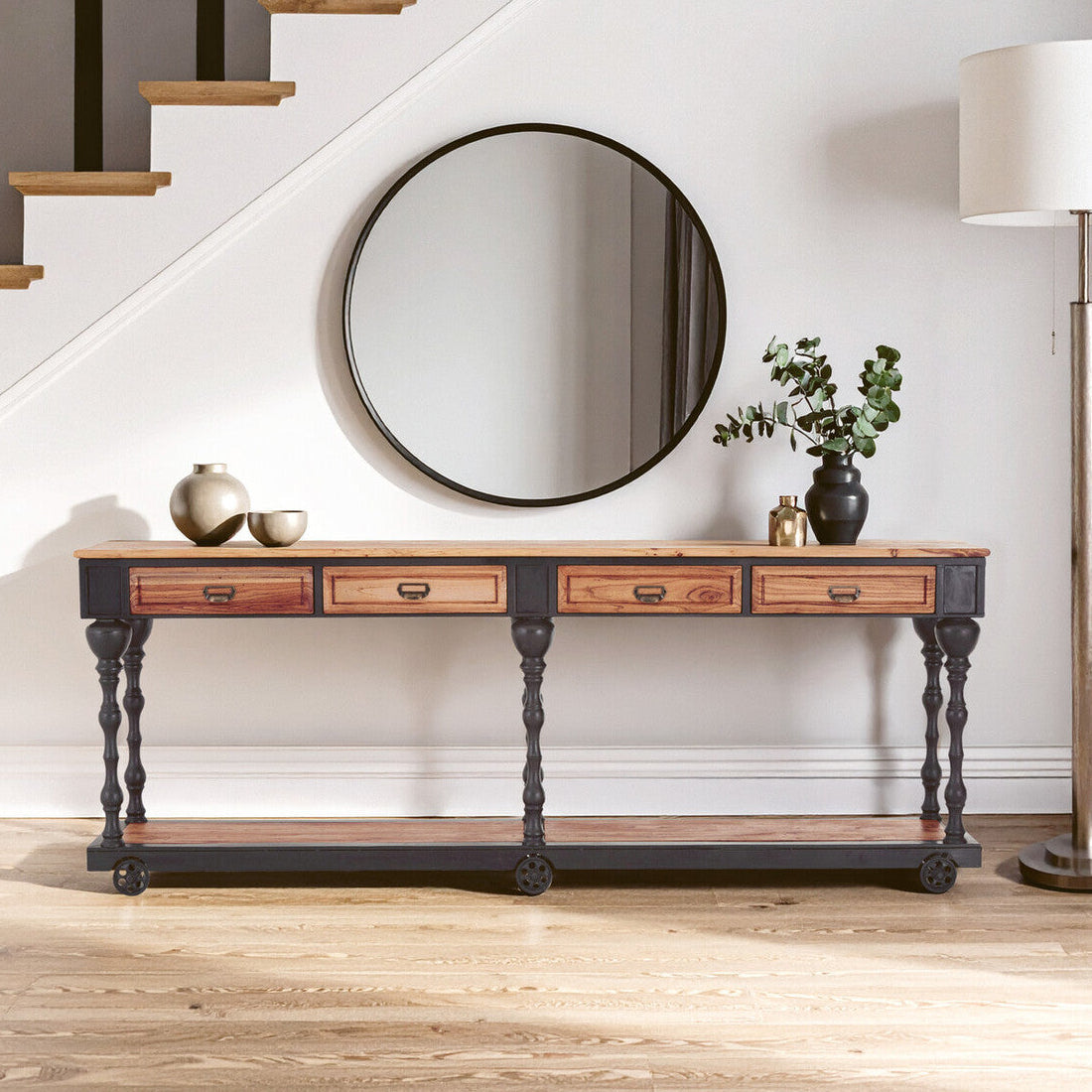 Orsina 4-Drawer Console Table – Natural Wood with Black Metal Legs