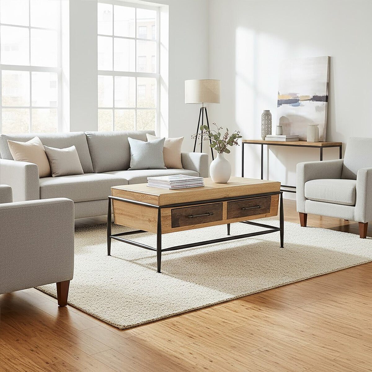Orsina New Foundry Natural Ash Wood Coffee Table with 2 Drawers