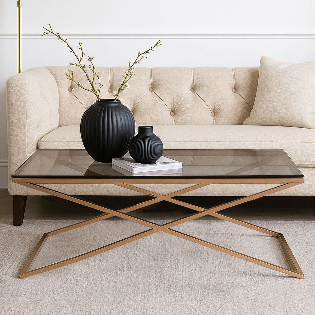 Orsina Montril Gold Criss Cross Coffee Table with Smoked Glass Top