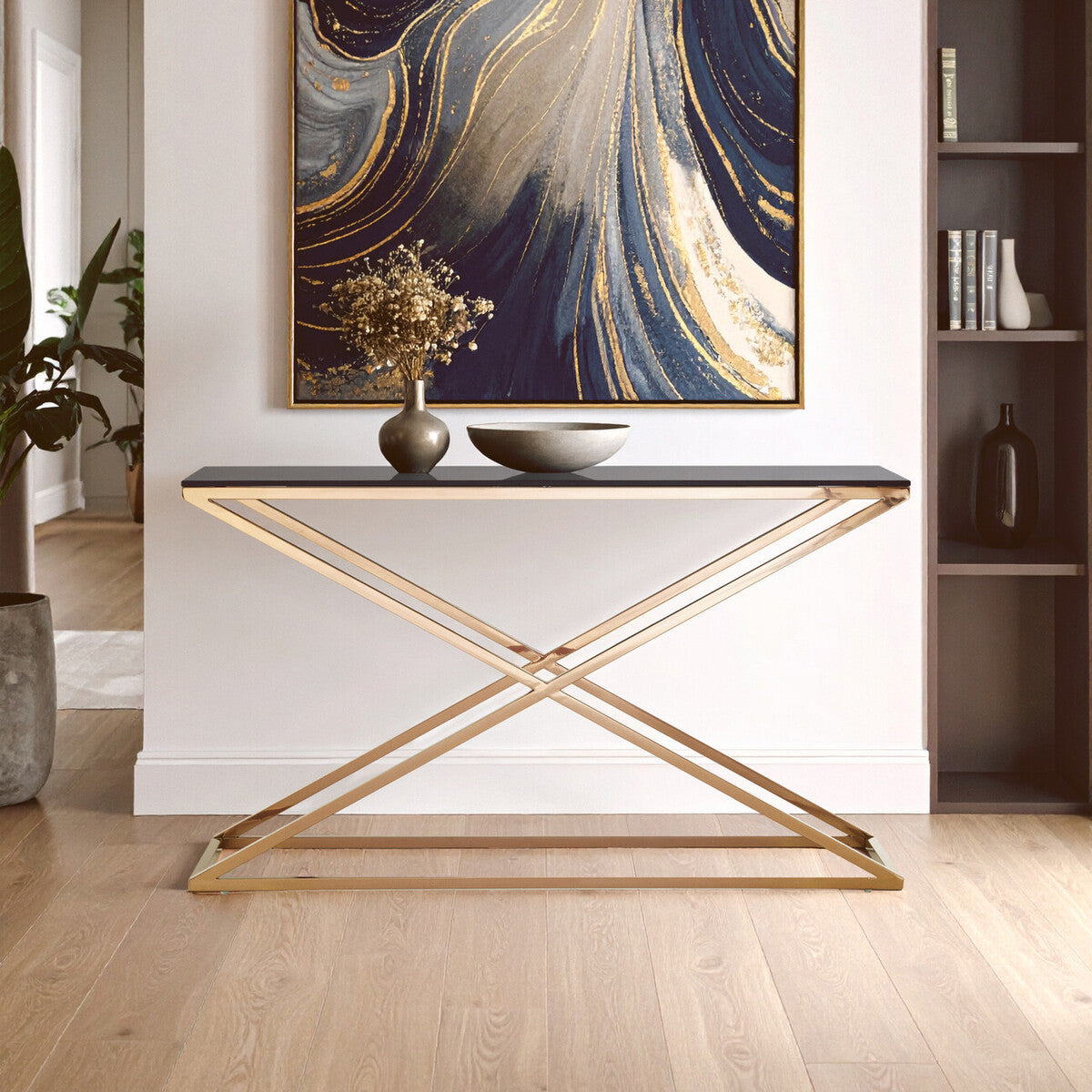 Orsina Montril Gold Console Table – Smoked Amber Tempered Glass