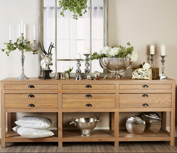 Orsina Lyon Washed Grey Oak Wood Console Table with Drawers