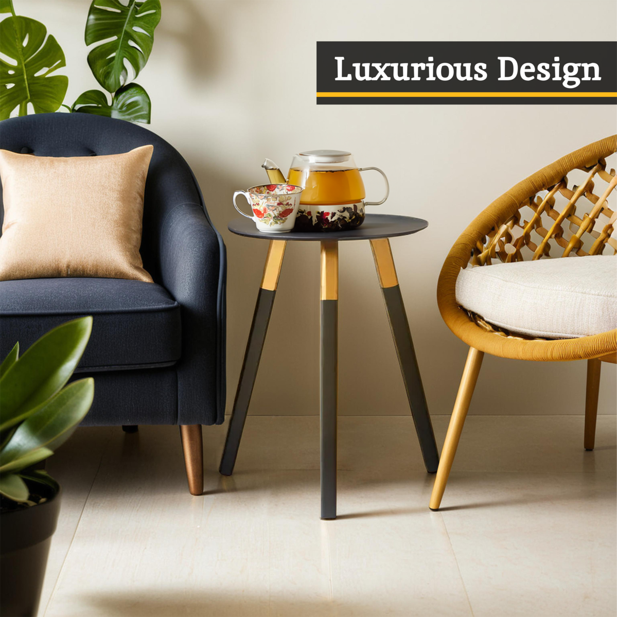 Orsina Nostra Side Table – Black Oak Veneer with Gold Metal Accents