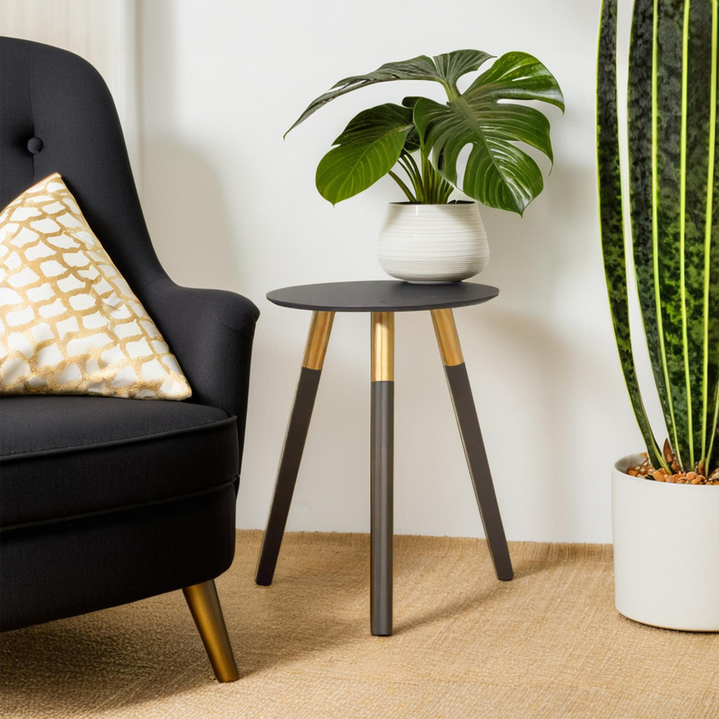 Orsina Nostra Side Table – Black Oak Veneer with Gold Metal Accents