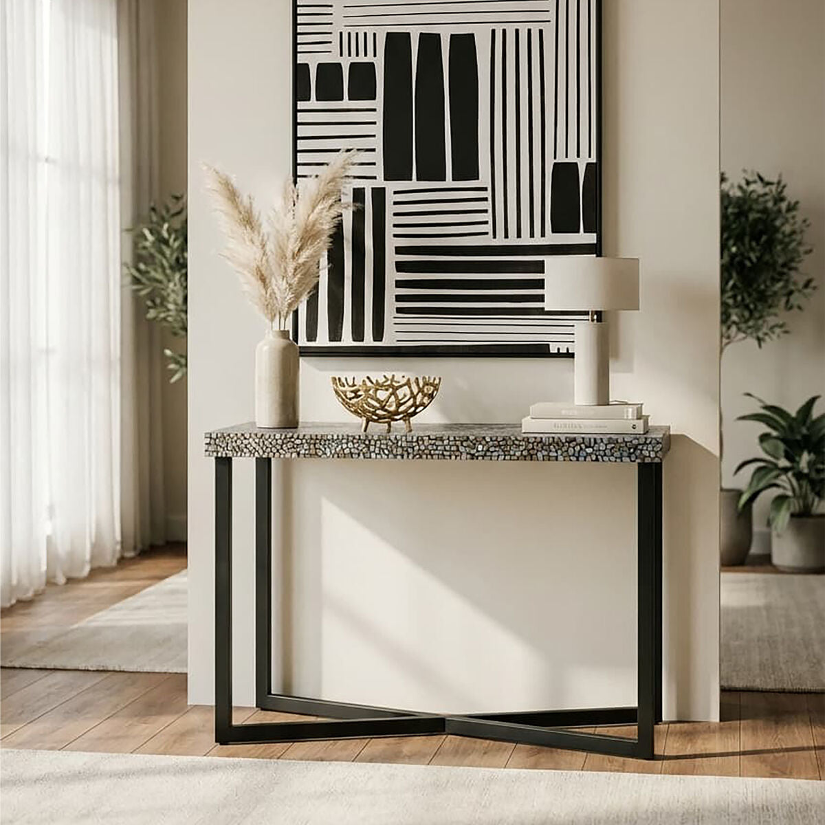 Orsina Fusion Crackle Shell Mosaic Rectangular Console Table