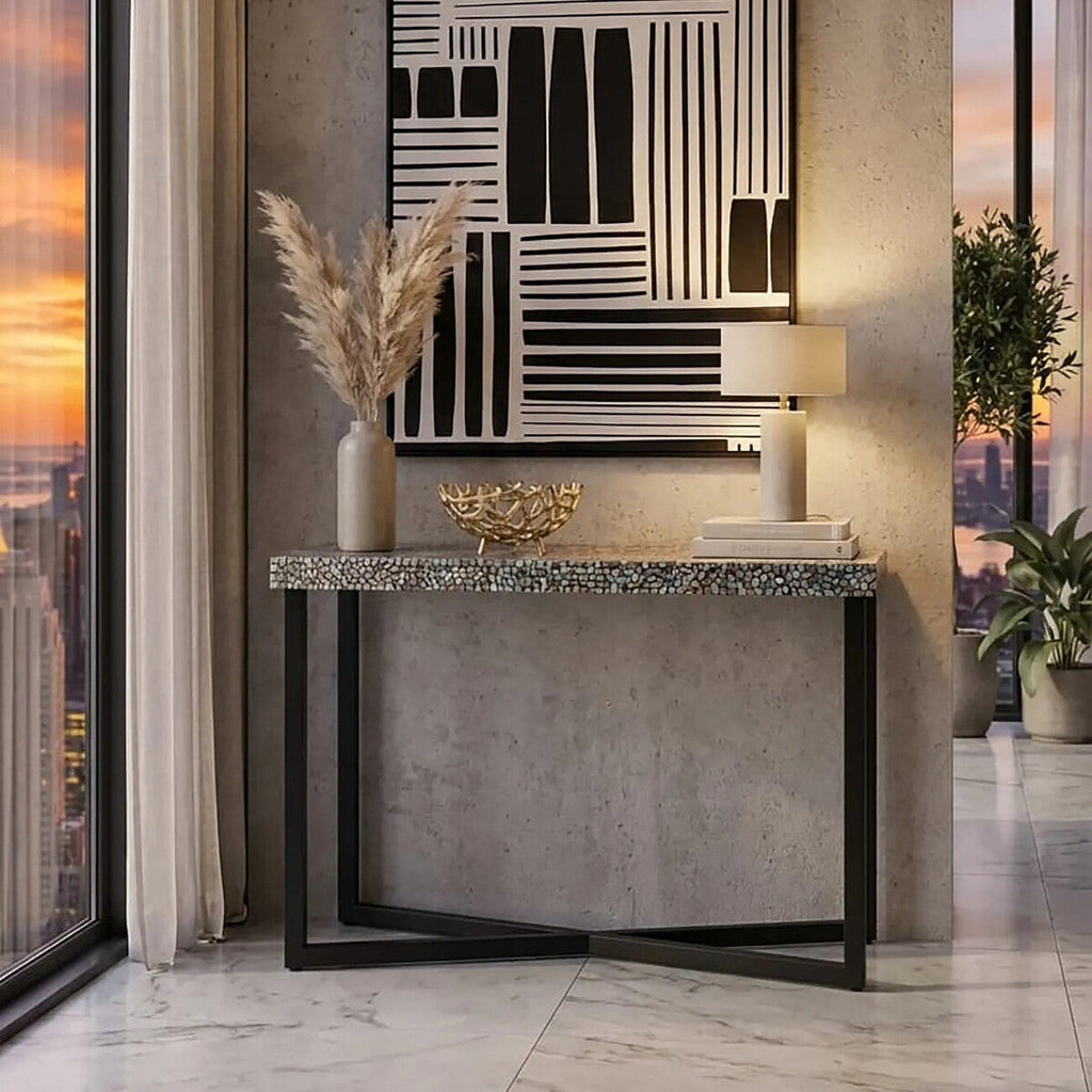Orsina Fusion Crackle Shell Mosaic Rectangular Console Table