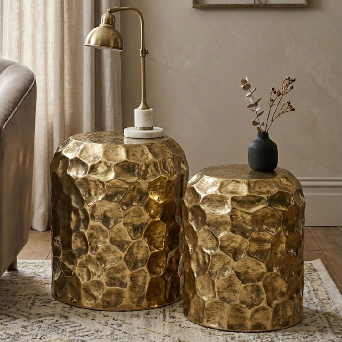 Orsina Templar Antique Brass Side Tables – Textured Set of 2