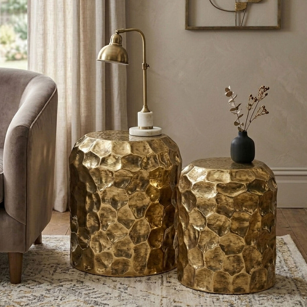Orsina Templar Antique Brass Side Tables – Textured Set of 2