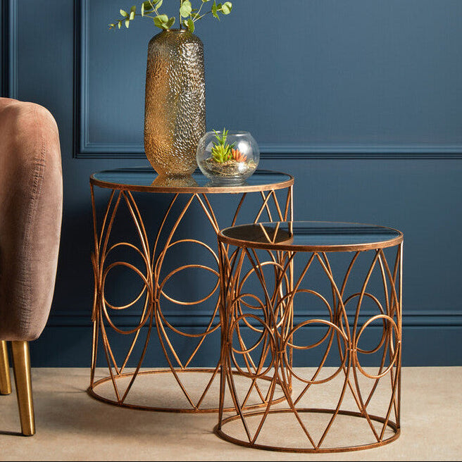 Orsina Avantis Round Mirrored Side Tables – Antique Copper Set of 2