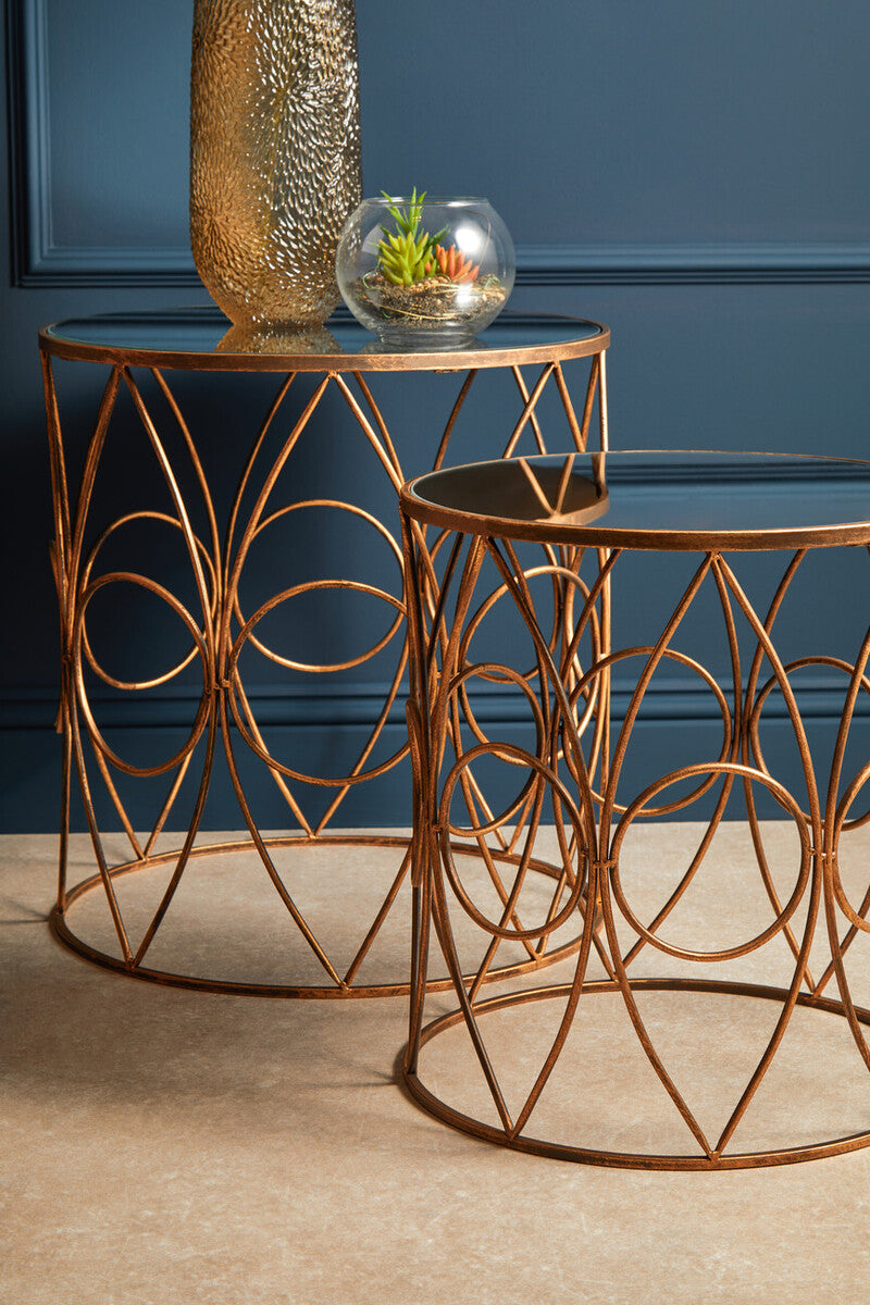 Orsina Avantis Round Mirrored Side Tables – Antique Copper Set of 2