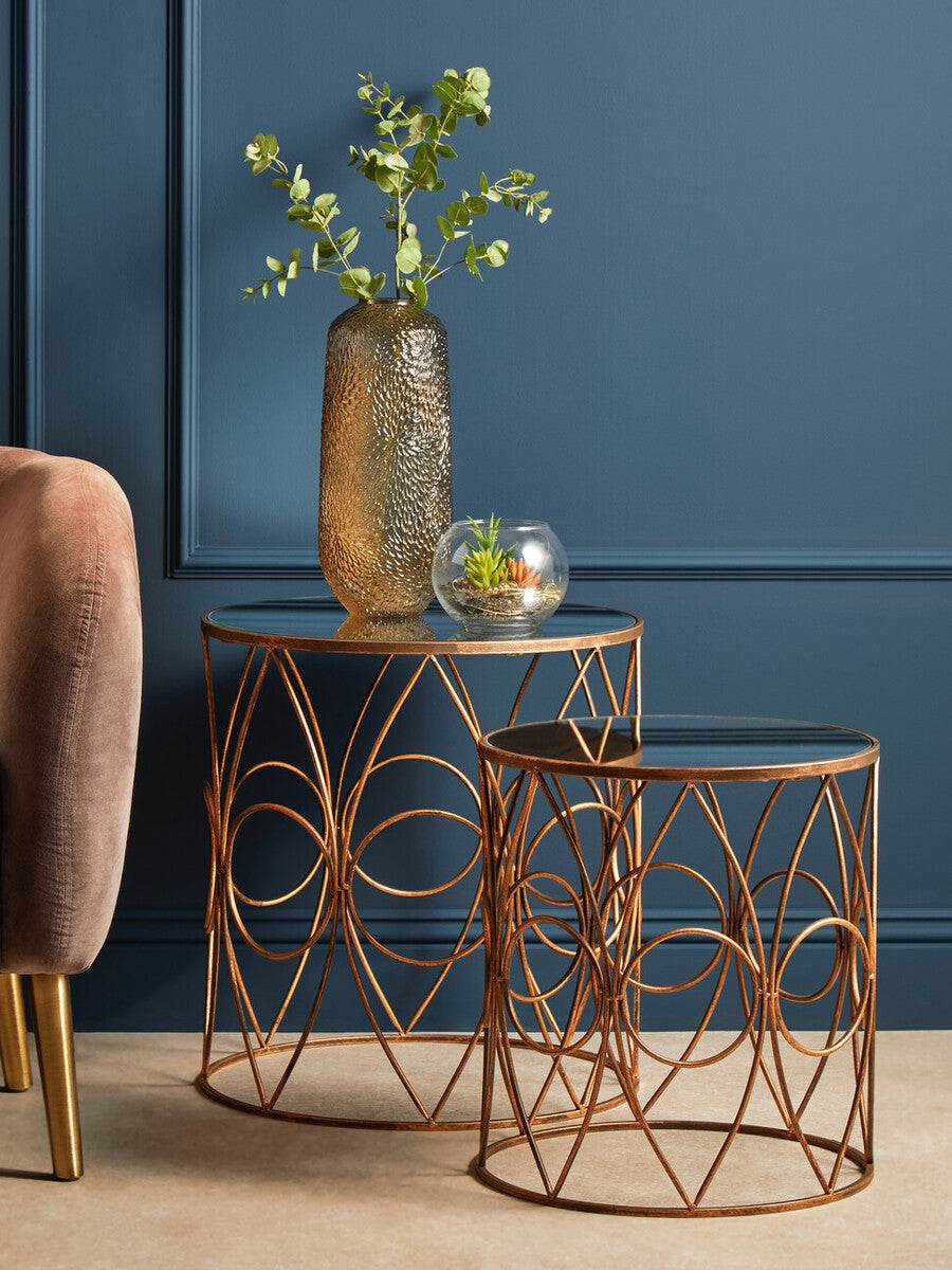 Orsina Avantis Round Mirrored Side Tables – Antique Copper Set of 2
