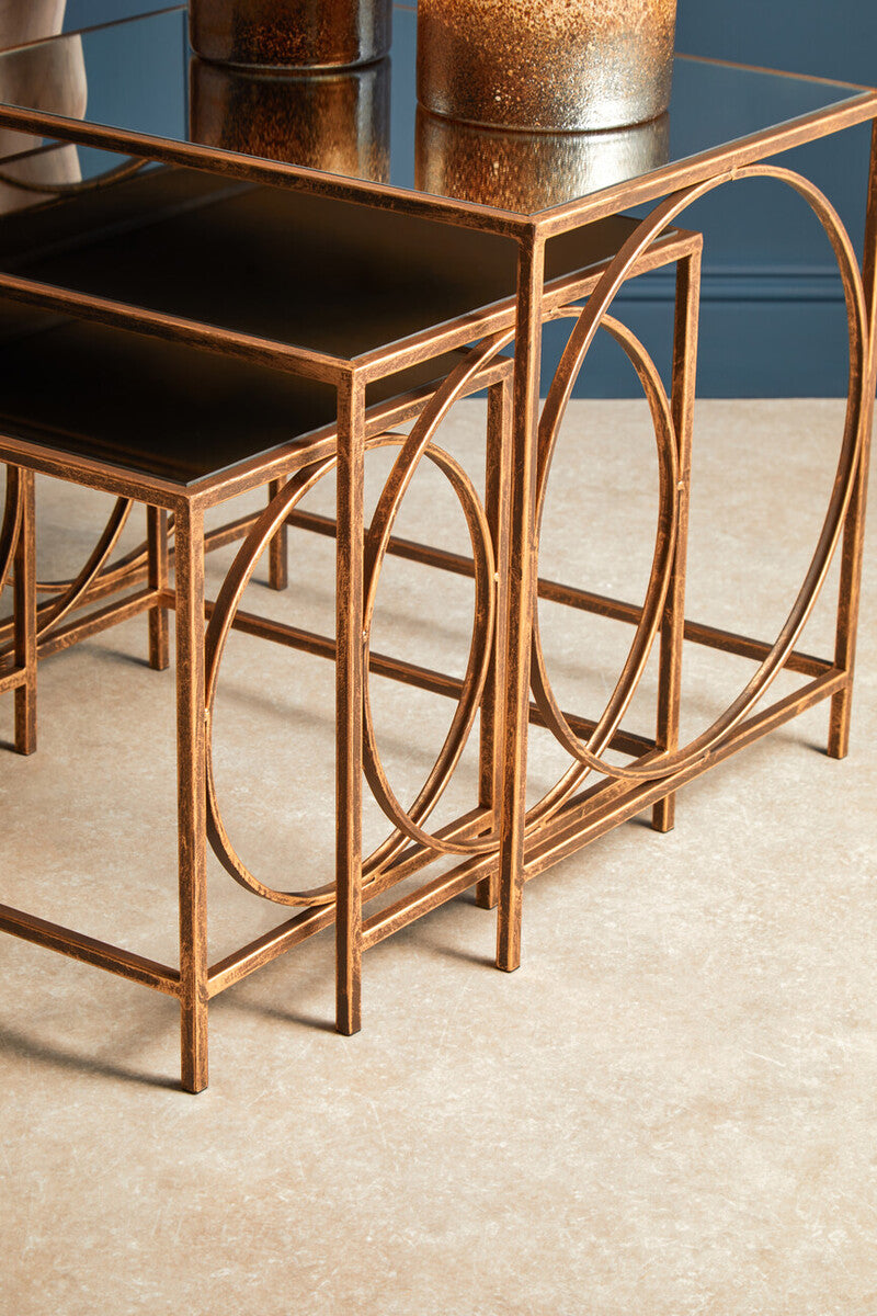 Orsina Avantis Nest of 3 Tables – Mirrored Glass & Bronze Metal
