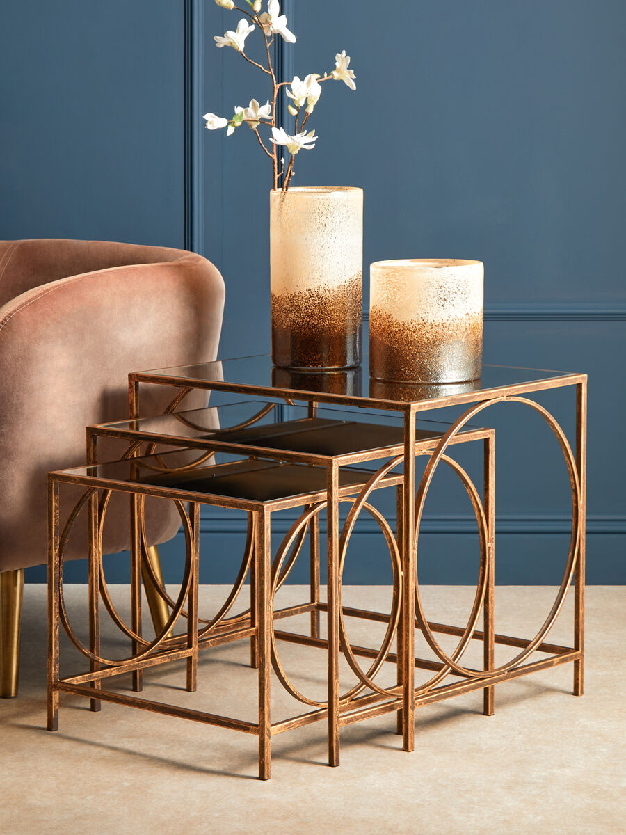 Orsina Avantis Nest of 3 Tables – Mirrored Glass & Bronze Metal