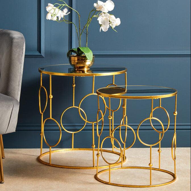 Orsina Avantis Gold Metal Nesting Side Tables with Mirrored Glass Top