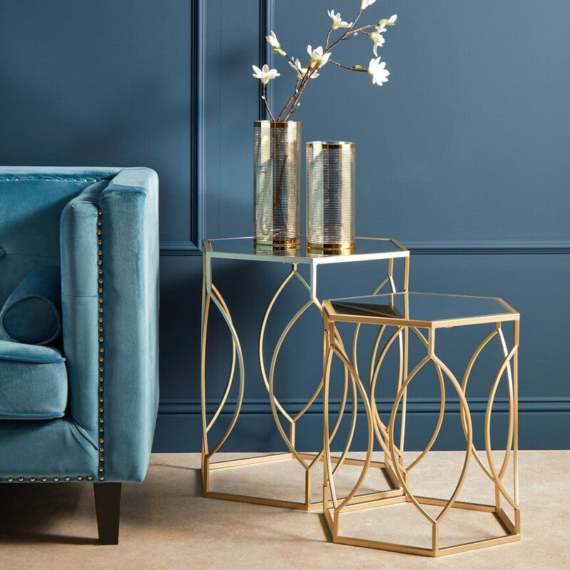 Orsina Avantis Hexagon Side Tables – Set of 2 Gold Mirrored Glass