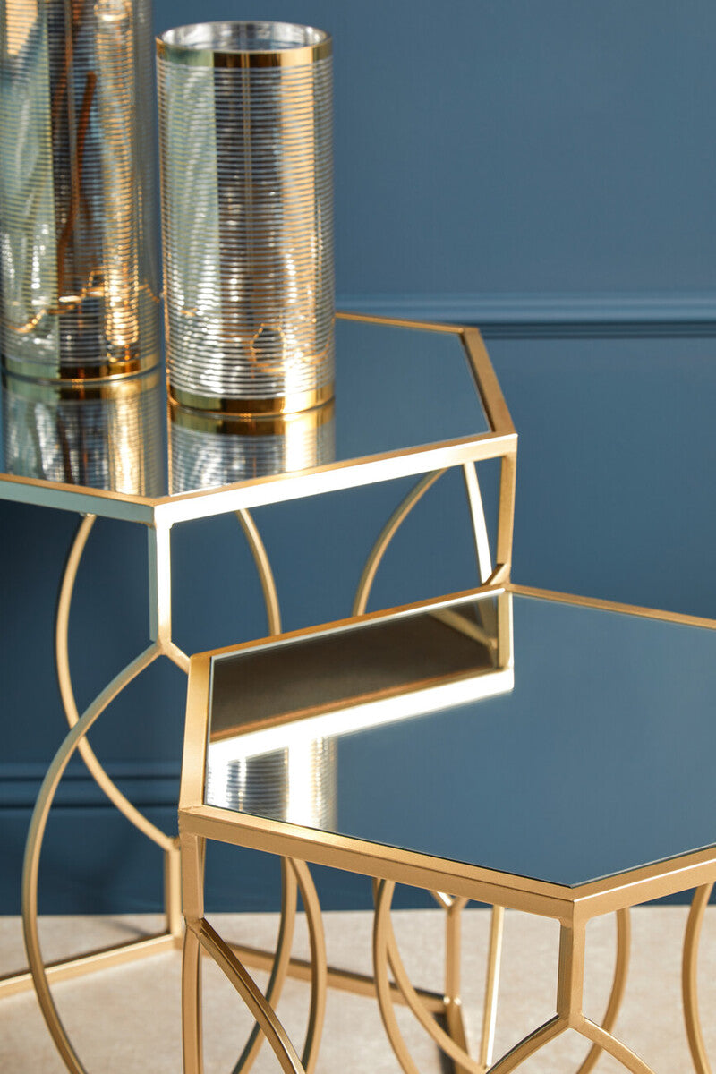 Orsina Avantis Hexagon Side Tables – Set of 2 Gold Mirrored Glass