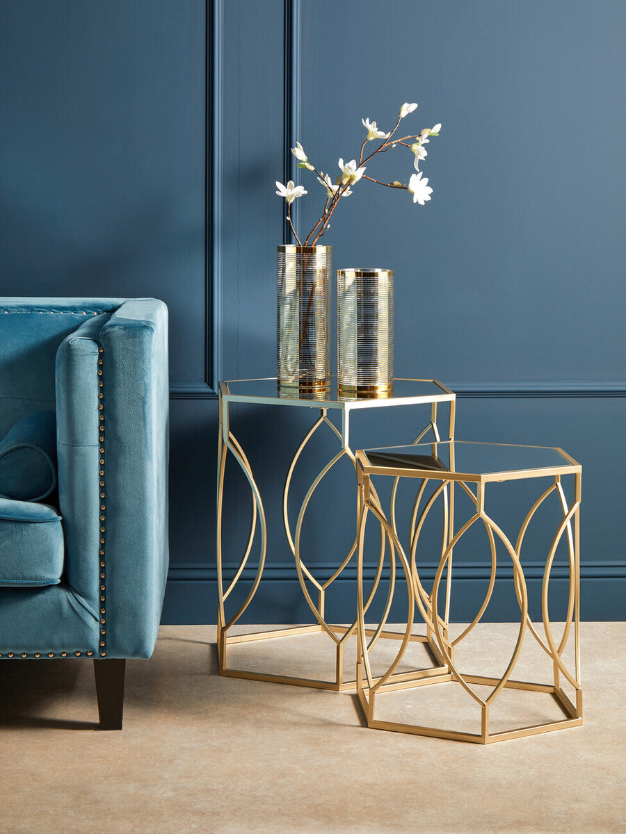 Orsina Avantis Hexagon Side Tables – Set of 2 Gold Mirrored Glass