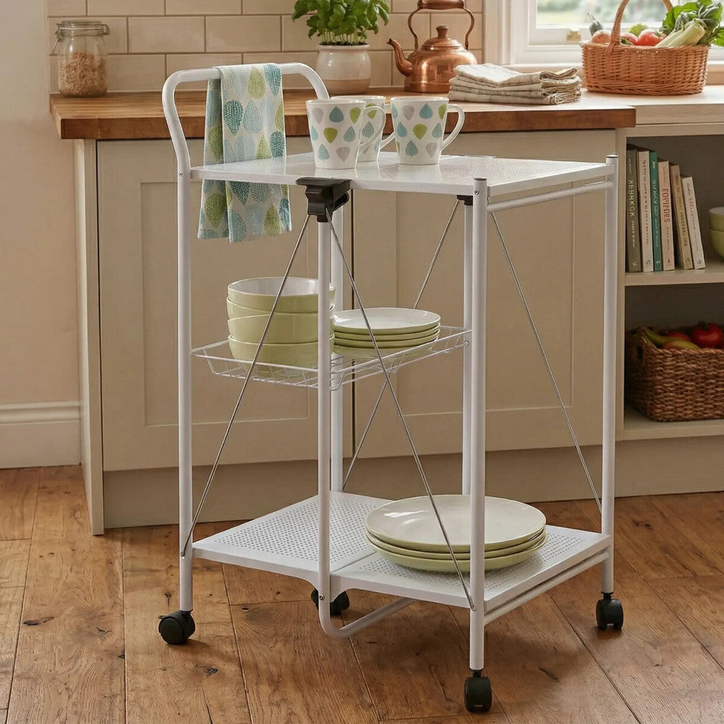 Orsina Harlow White Folding Kitchen Trolley – Rectangular Rolling Cart