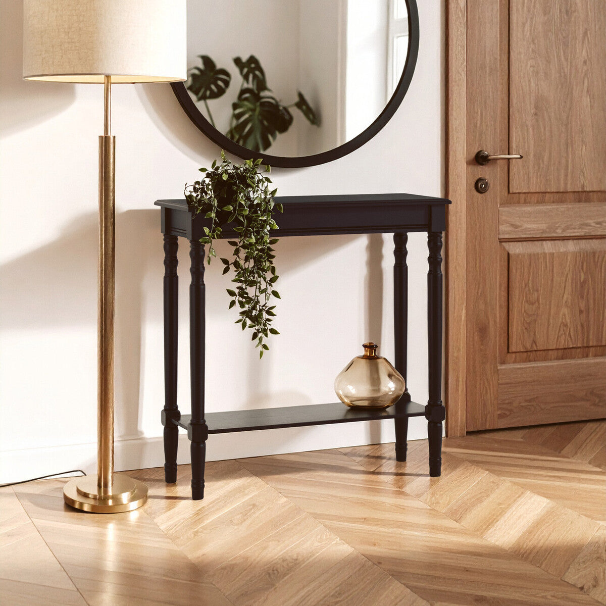 Orsina Heritage Black Console Table – Slim Natural Wood Entryway Desk