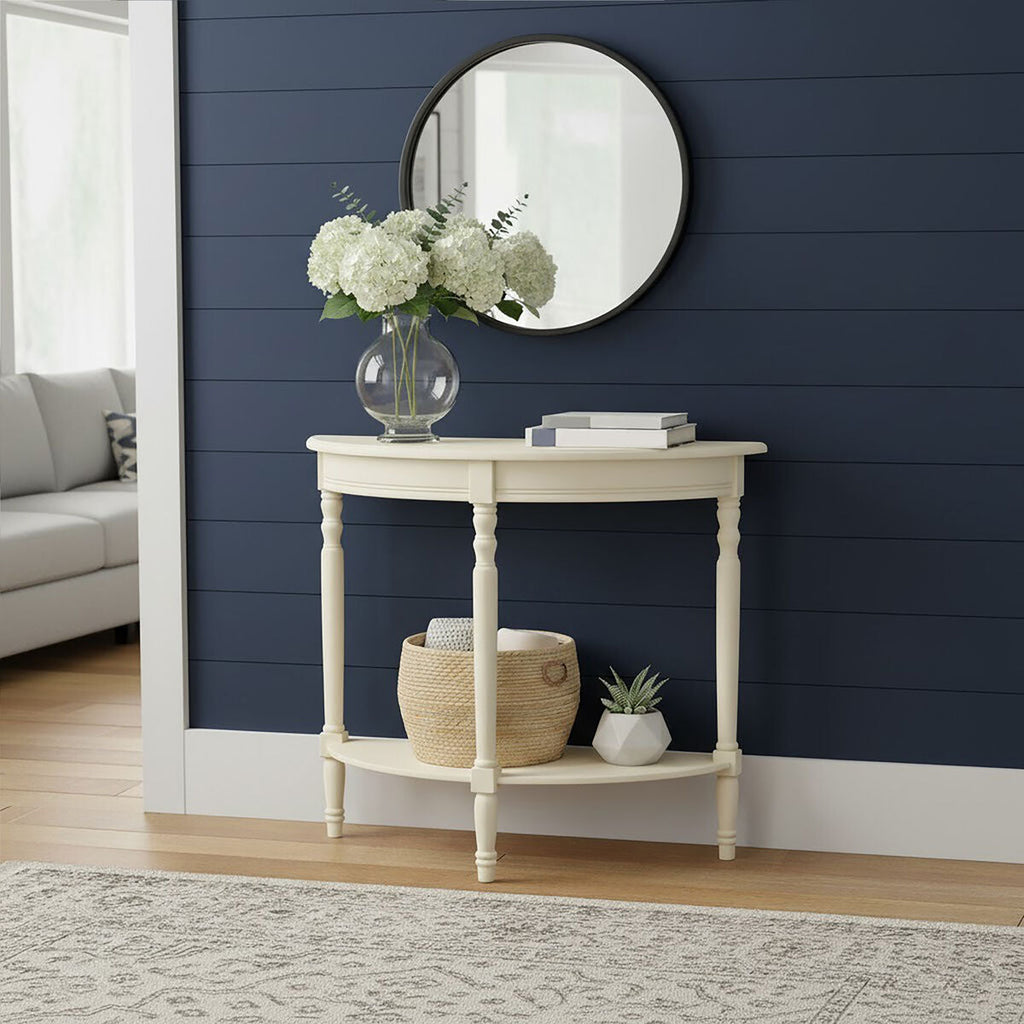 Orsina Heritage Ivory Console Table – Rounded White Pine Wood Accent