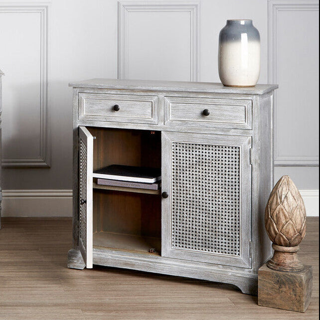 Orsina Heritage Grey Wash Lattice Door Cabinet | 2-Drawer Storage