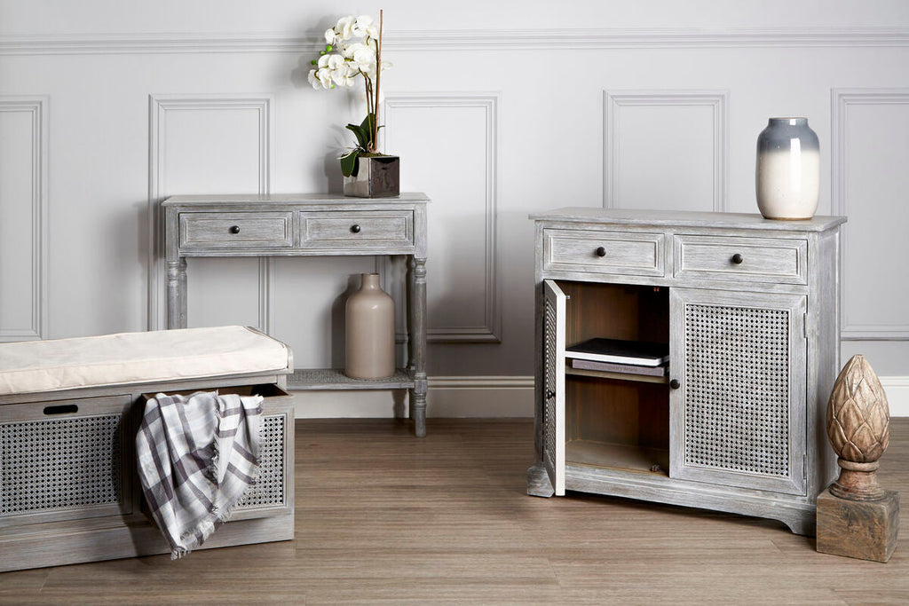 Orsina Heritage Grey Wash Lattice Door Cabinet | 2-Drawer Storage