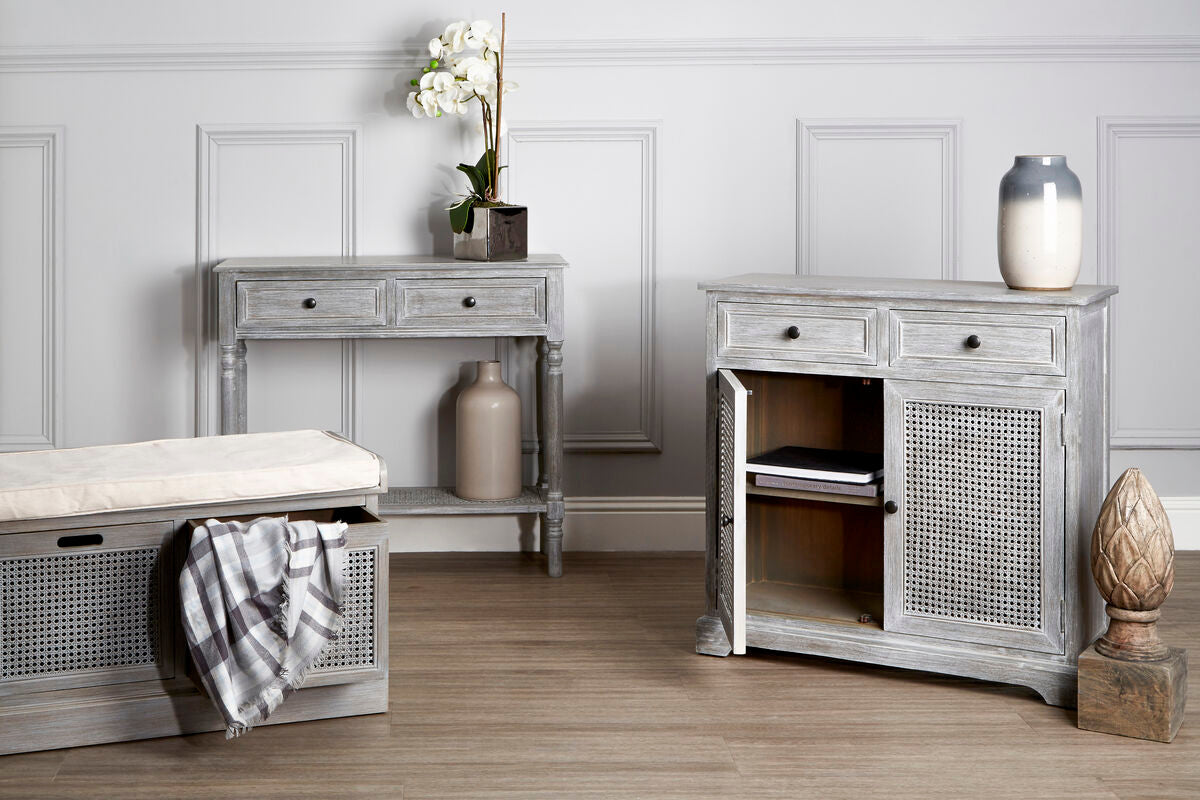 Orsina Heritage Grey Wash Lattice Door Cabinet | 2-Drawer Storage