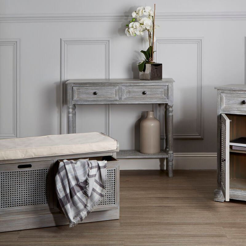 Orsina Heritage Grey Wash Pine Wood 2-Drawer Rectangular Console Table