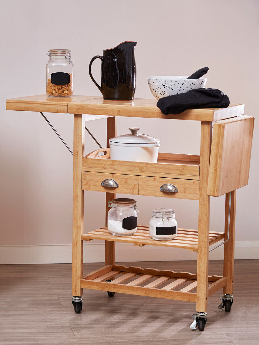 Orsina Harlow Bamboo Kitchen Trolley – Drop-Leaf Rolling Storage Cart