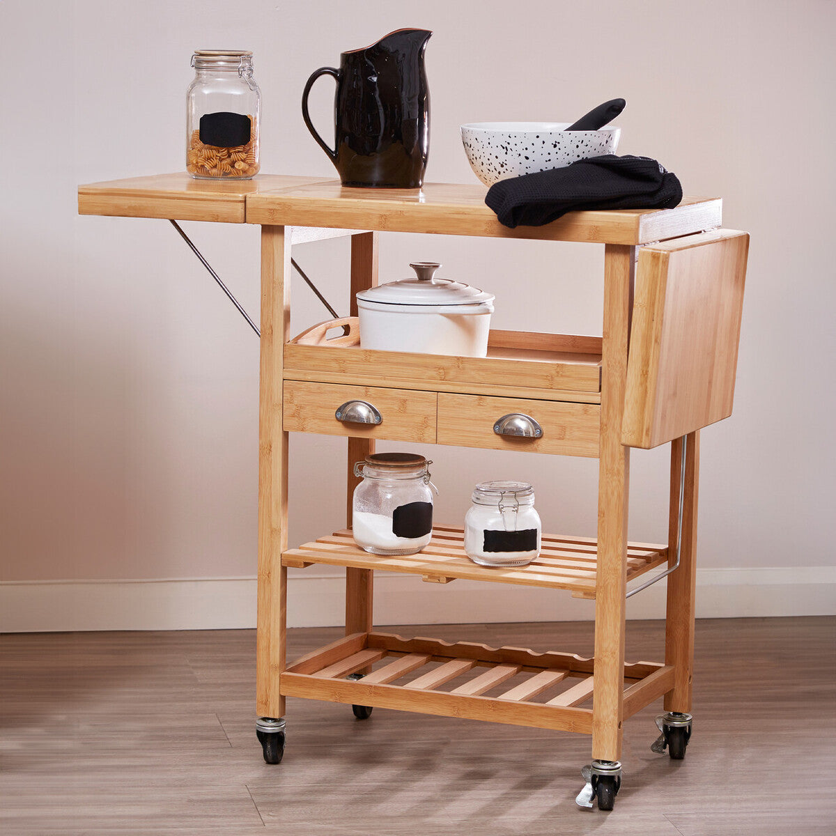Orsina Harlow Bamboo Kitchen Trolley – Drop-Leaf Rolling Storage Cart