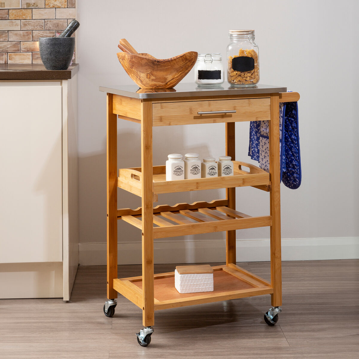 Orsina Harlow Bamboo Kitchen Trolley – Rolling Serving Cart with Drawer