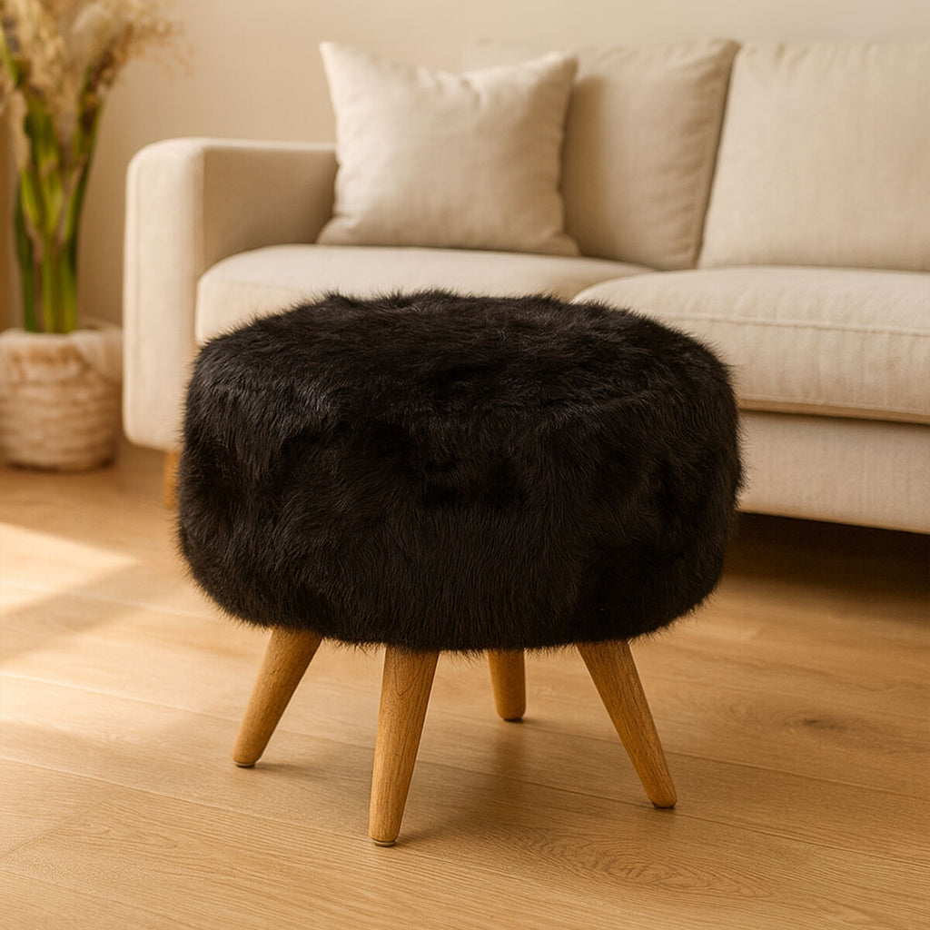 Orsina Cabaret Black Fur Effect Stool – Modern Plush Vanity Footrest