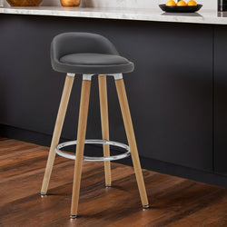 Normann Grey Bar Stool | Faux Leather Kitchen Seat with Beech Legs
