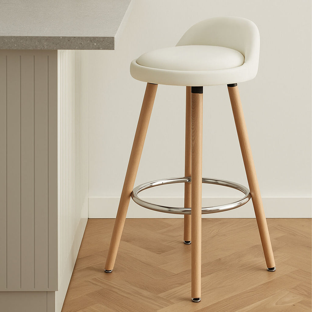 Orsina Normann White Bar Stool – Faux Leather Kitchen Seat with Beech Legs
