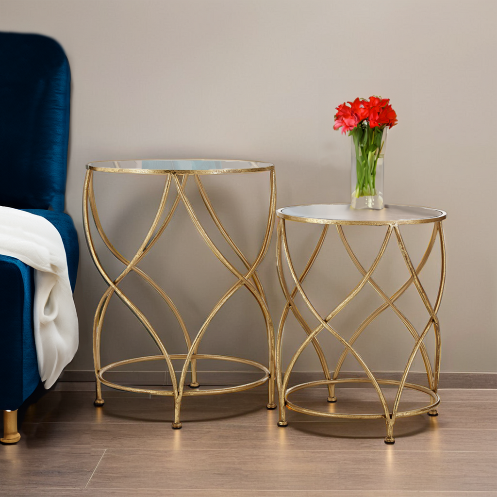 Orsina Marcia Mirrored Top Side Tables – Gold Metal Accent Set