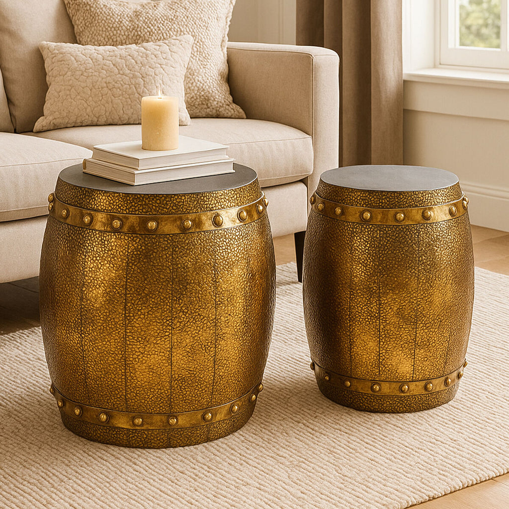 Orsina Reza Hammered Drum Stool and Side Table Set – Set of 2