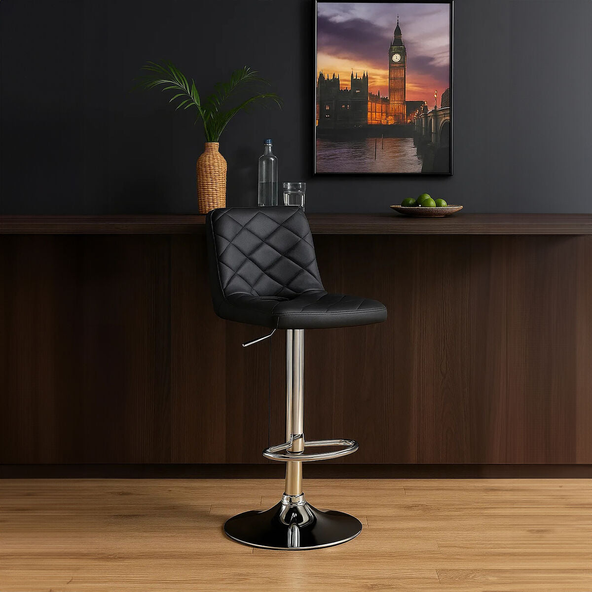 Orsina Tara Grey Faux Leather Bar Chair | Adjustable Quilted Stool