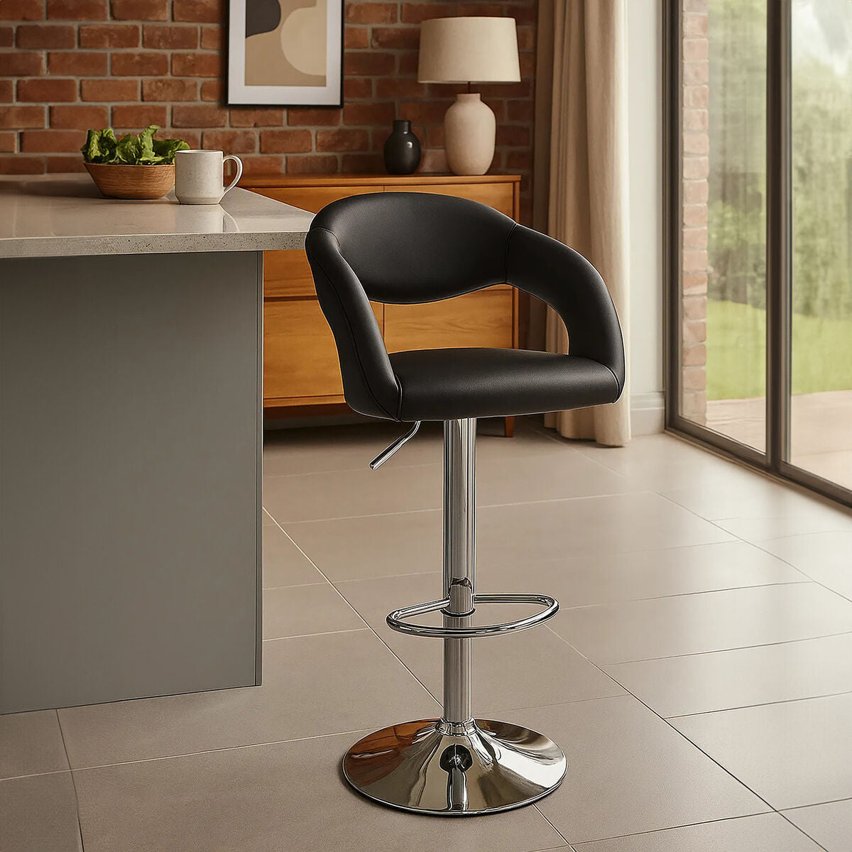 Orsina Taylor Black Faux Leather Bar Chair | Modern Chrome Base Stool