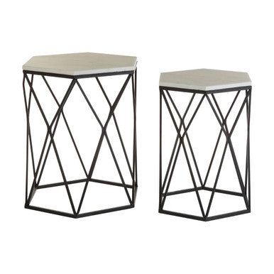 Orsina Arcana Hexagonal Marble Side Tables - Set of 2 Black Metal