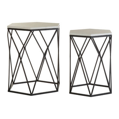 Orsina Arcana Hexagonal Marble Side Tables - Set of 2 Black Metal