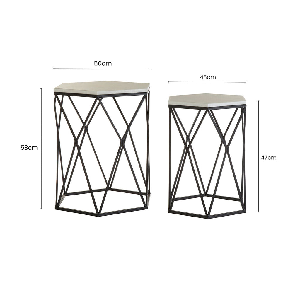Orsina Arcana Hexagonal Marble Side Tables - Set of 2 Black Metal