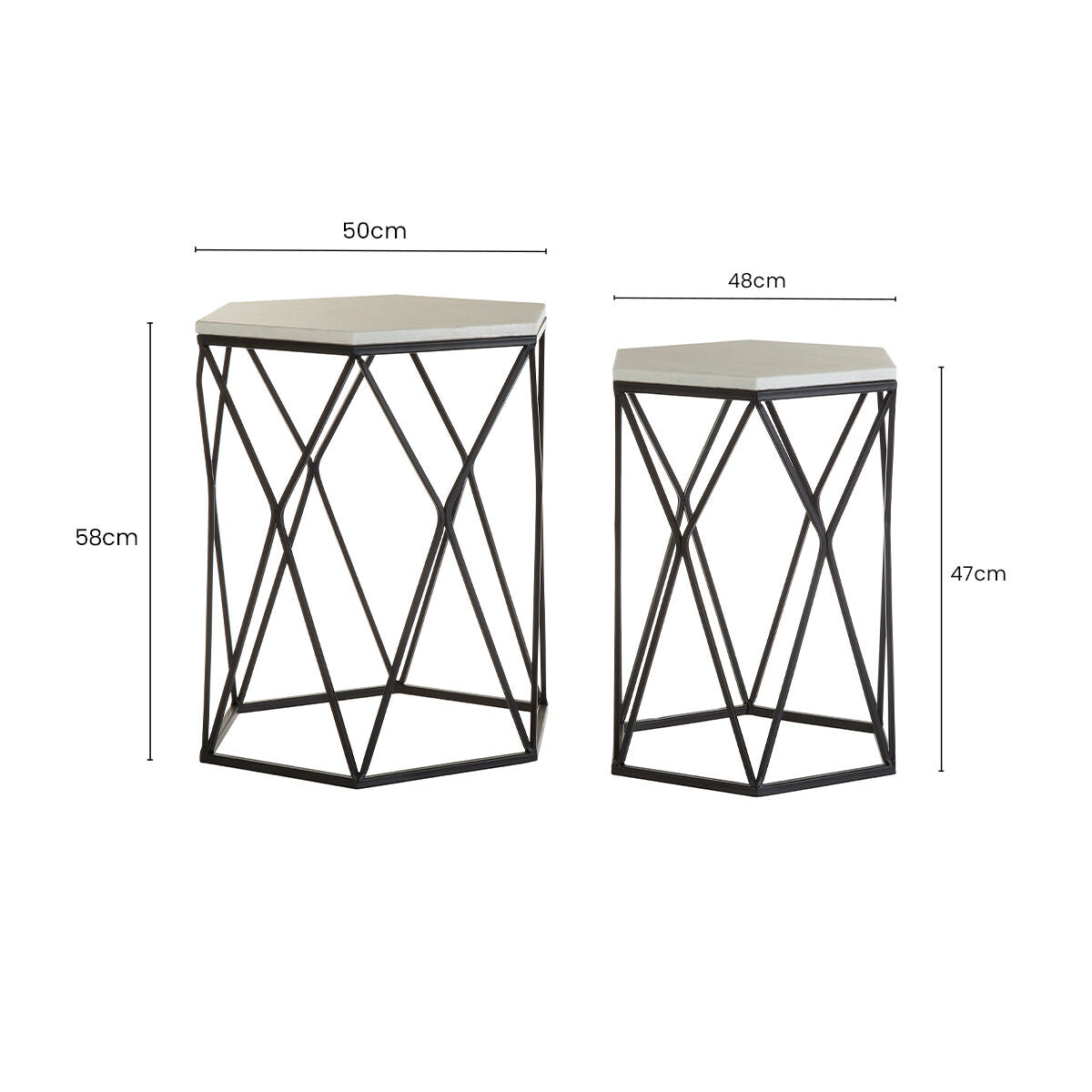 Orsina Arcana Hexagonal Marble Side Tables - Set of 2 Black Metal