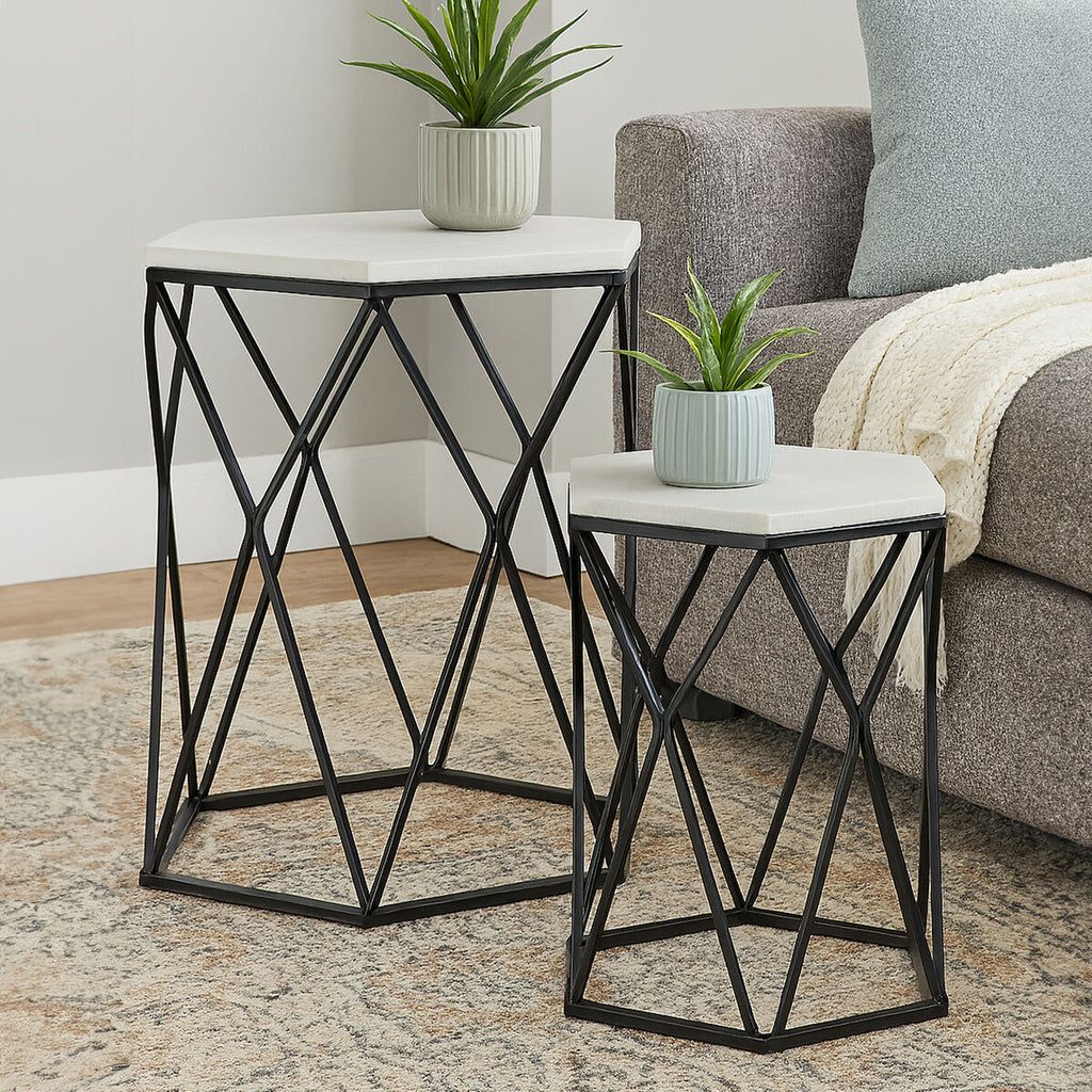 Orsina Arcana Hexagonal Marble Side Tables - Set of 2 Black Metal