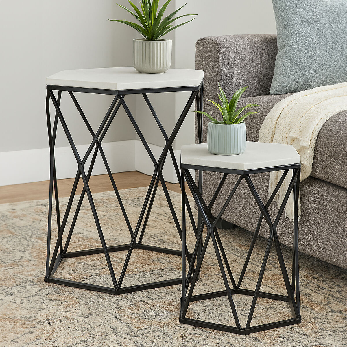 Orsina Arcana Hexagonal Marble Side Tables - Set of 2 Black Metal