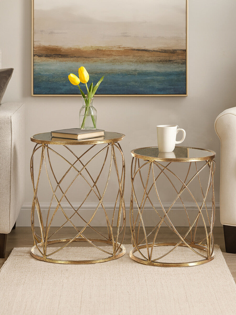 Orsina Arcana Set of 2 Round Mirrored Side Tables with Gold Frame